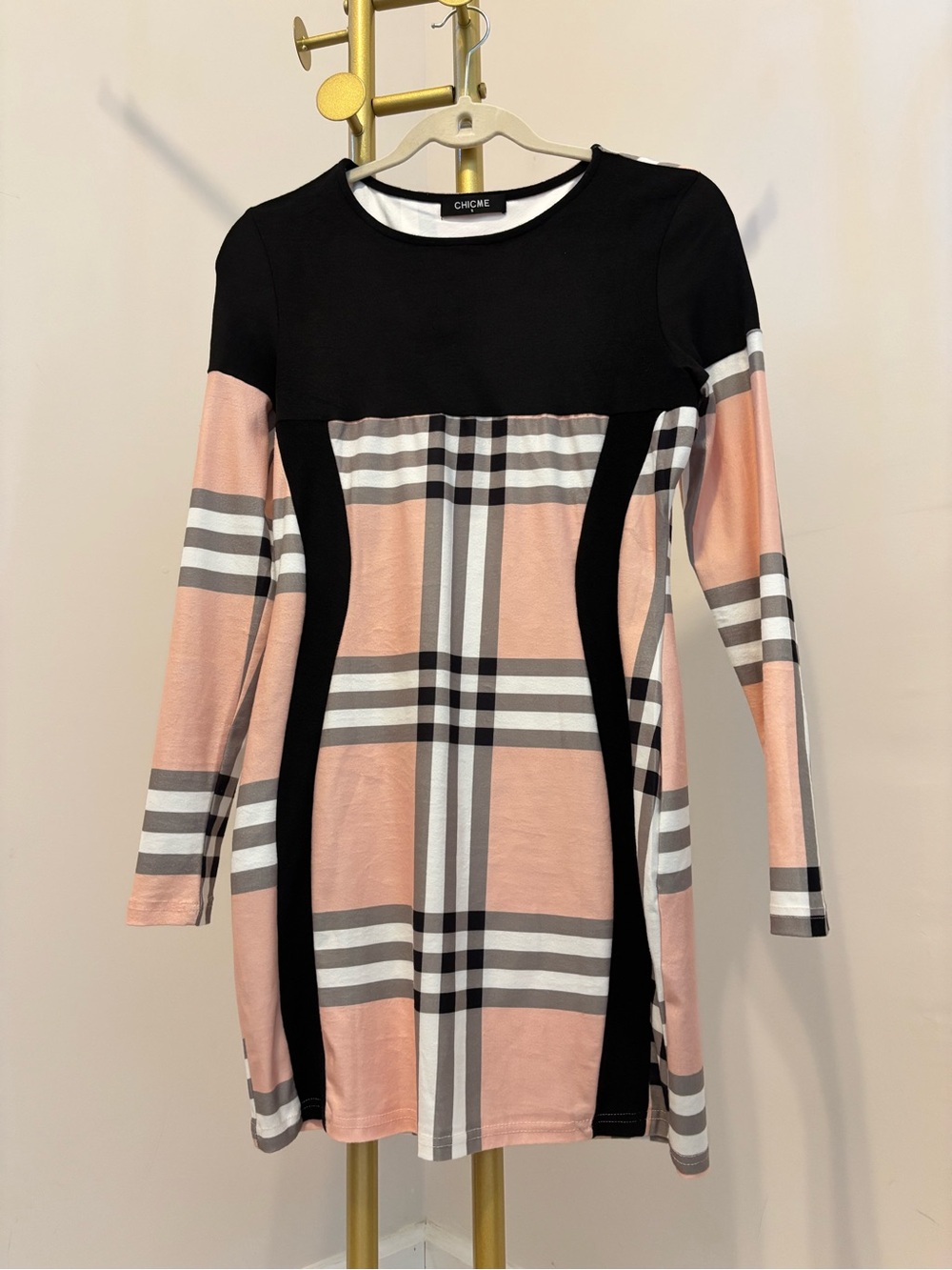 chic Black and Pink Plaid Long Sleeve Fit-and-Flare Dress